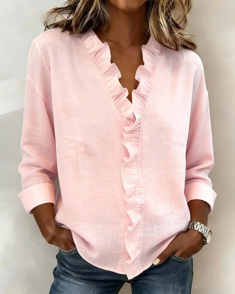 Alodie | Blouse with Ruffles V-Neck and Long Sleeves