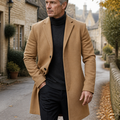 Ashcombe camel tailored coat worn by a mature man in a Cotswold village
