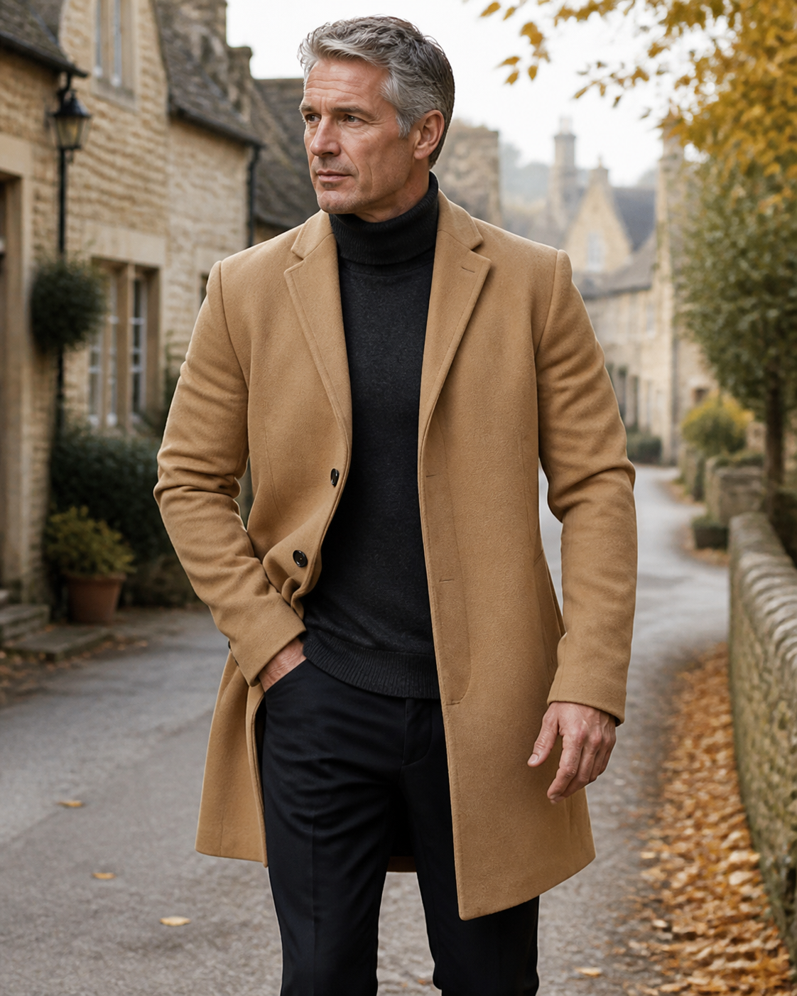 Ashcombe camel tailored coat worn by a mature man in a Cotswold village