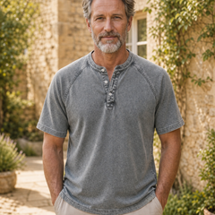 Light grey Saltwater short-sleeve Henley worn in a Cotswold village