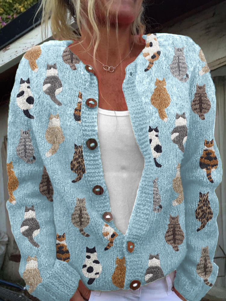 Sky blue Moxley feline motif knit cardigan