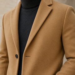 Ashcombe camel coat lapel, button and fabric detail