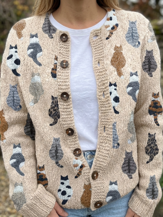 Moxley beige feline motif cardigan front product portrait