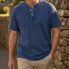 Faceless styling of the navy Saltwater short-sleeve Henley
