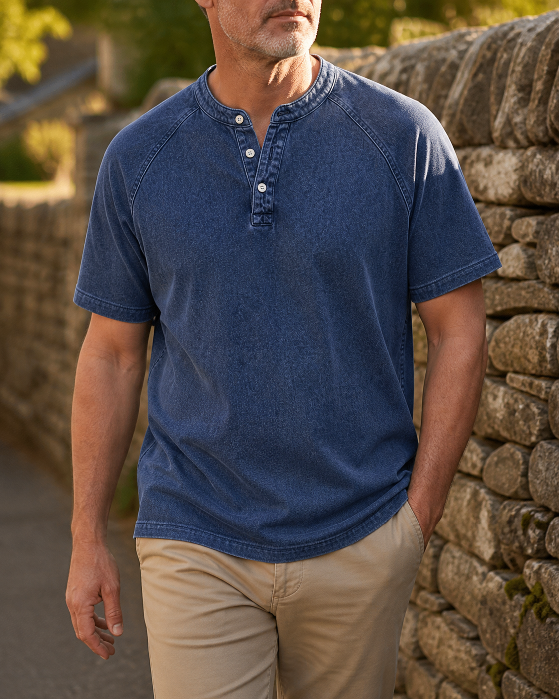 Faceless styling of the navy Saltwater short-sleeve Henley