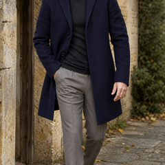 Ashcombe navy tailored coat in a faceless Cotswold lifestyle view