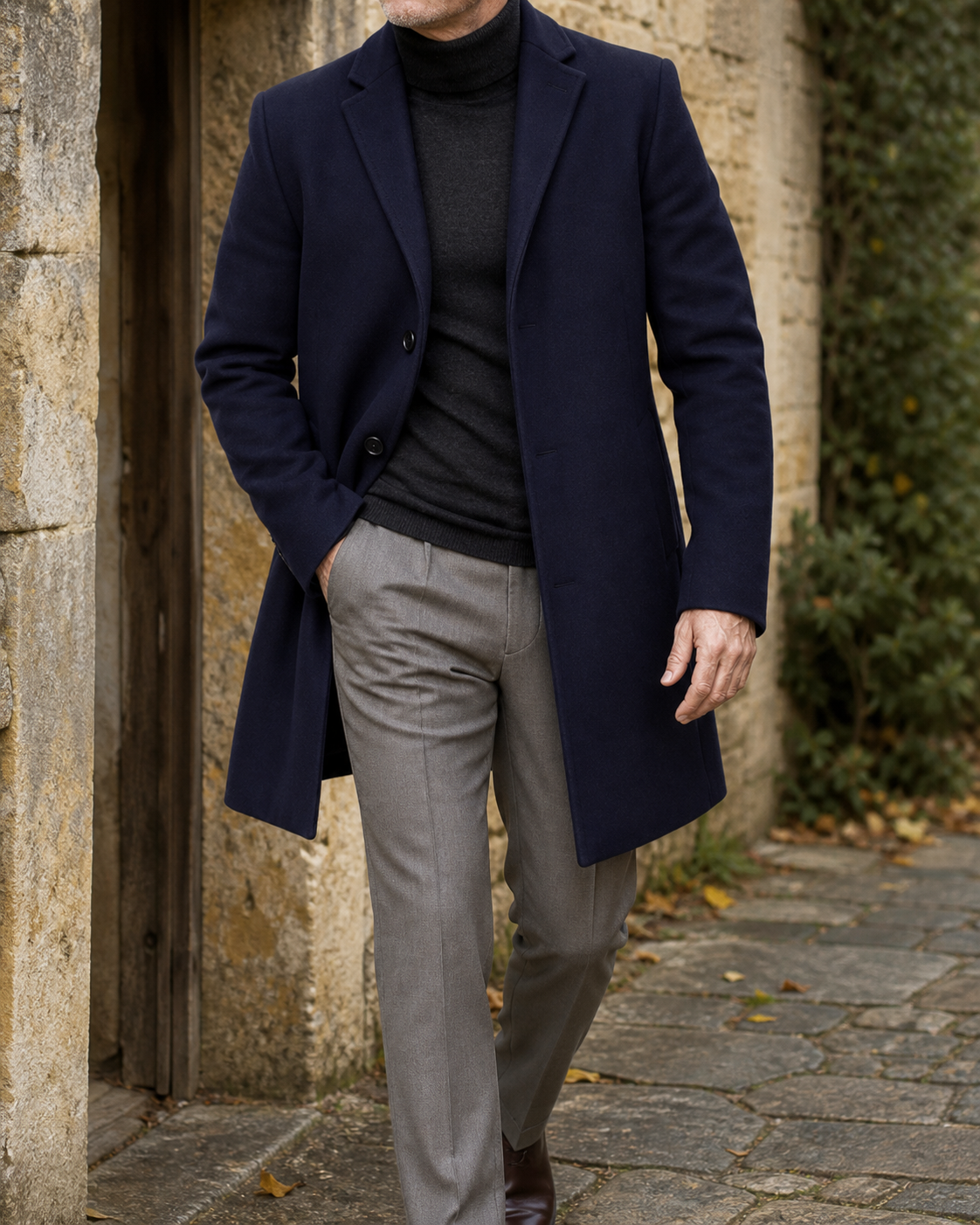 Ashcombe navy tailored coat in a faceless Cotswold lifestyle view