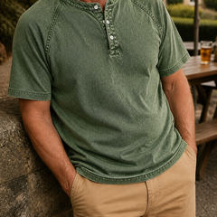 Faceless styling of the dark green Saltwater short-sleeve Henley