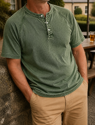 Faceless styling of the dark green Saltwater short-sleeve Henley