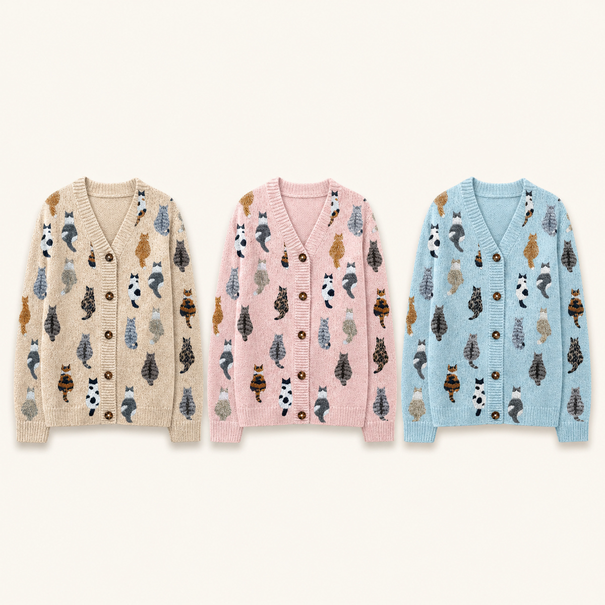 Moxley feline motif cardigan in beige pink and sky blue