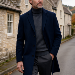 Ashcombe navy tailored coat worn by a mature man on a Cotswold lane