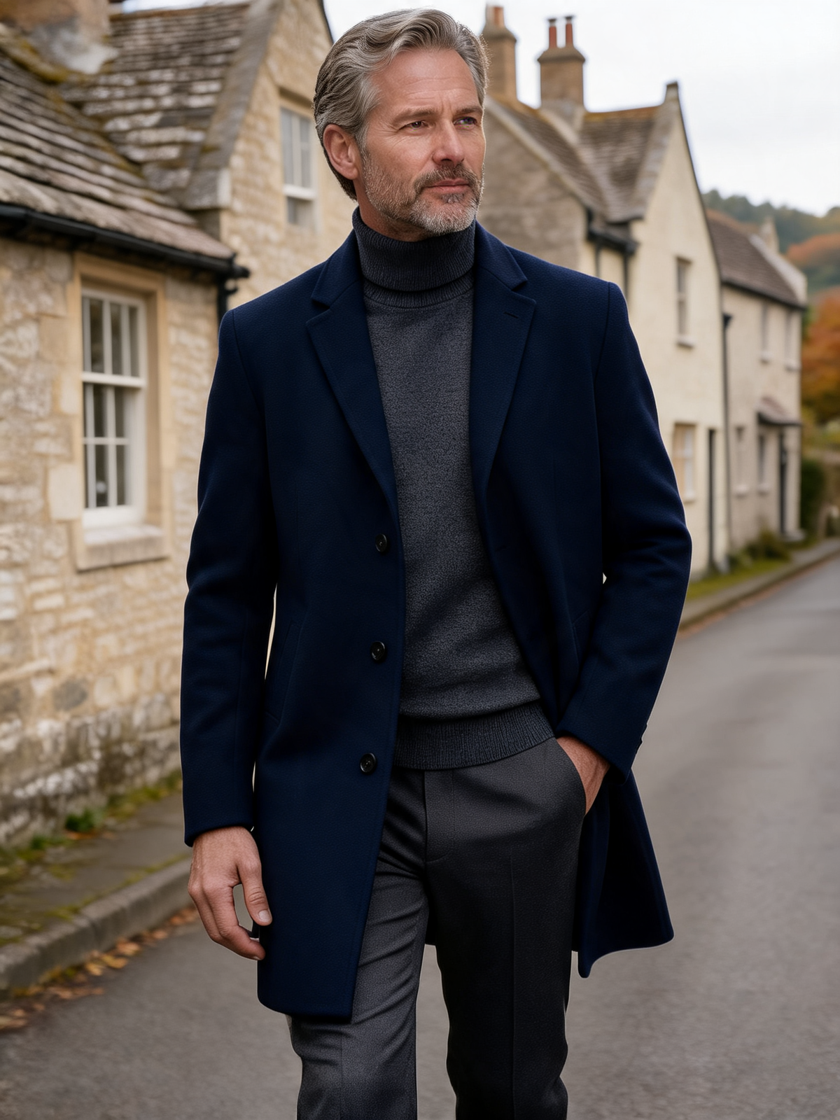 Ashcombe navy tailored coat worn by a mature man on a Cotswold lane