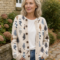 Woman styling the beige Moxley feline motif cardigan in a Cotswold setting
