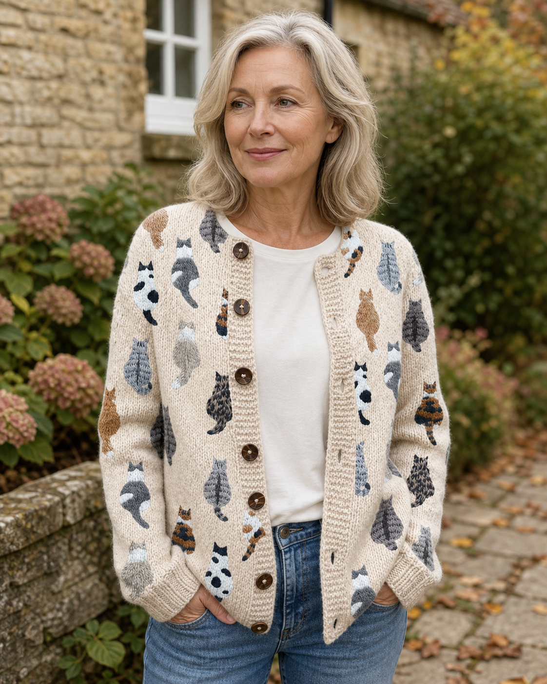Woman styling the beige Moxley feline motif cardigan in a Cotswold setting