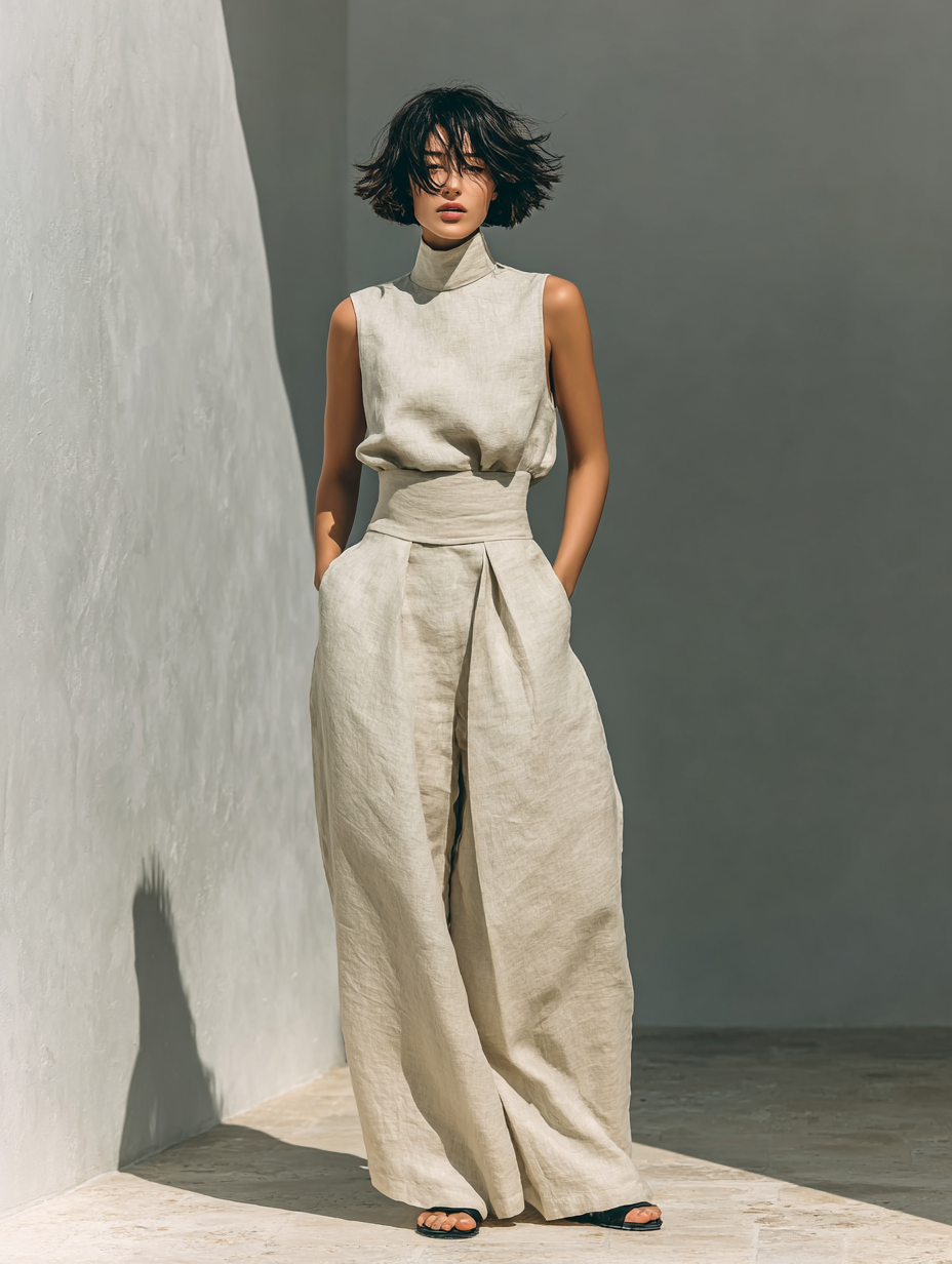 Maria | Elegant Linen And Cotton Blend Set With Tank top and Loose Trousers