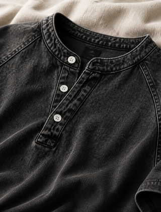 Black Saltwater short-sleeve Henley collar and button detail