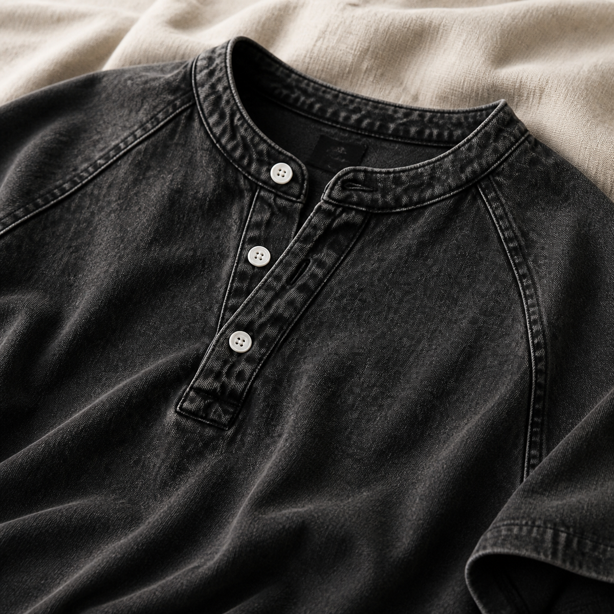 Black Saltwater short-sleeve Henley collar and button detail