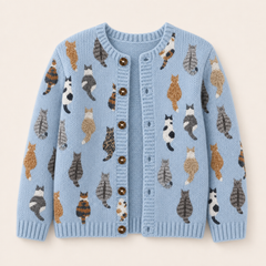 Sky blue Moxley feline motif cardigan front product view