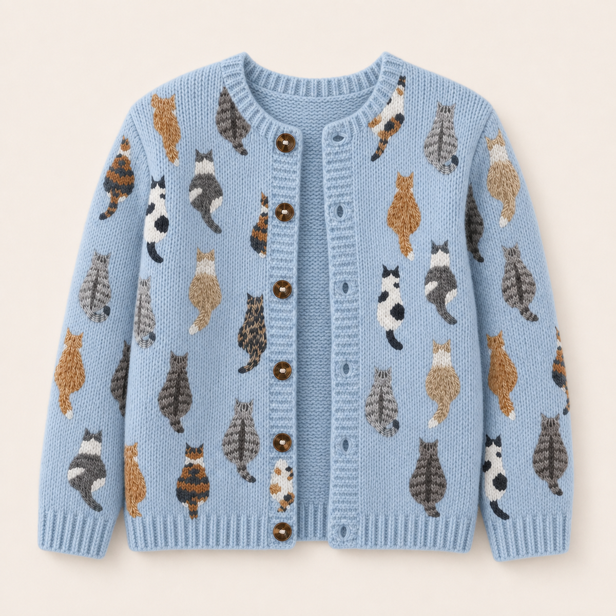 Sky blue Moxley feline motif cardigan front product view