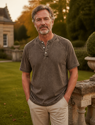 Brown Saltwater short-sleeve Henley styled outside a country house
