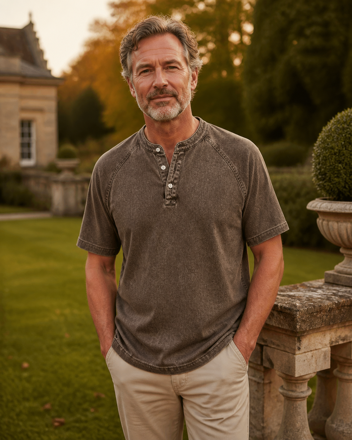 Brown Saltwater short-sleeve Henley styled outside a country house