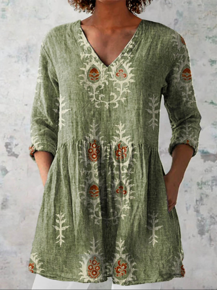 Elise | Long Blouse with V-Neck, Green — supplier view 1