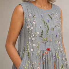CARA — WILDFLOWER MIDI DRESS close-up showing the visible print and front construction detail