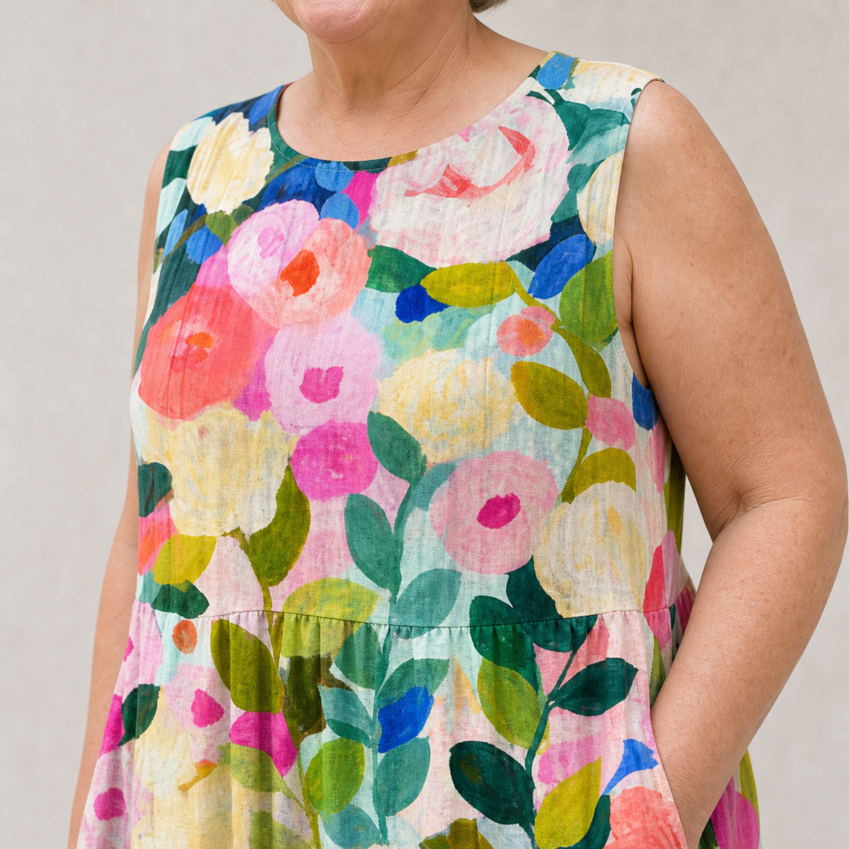 AVA — FLORAL MIDI DRESS close-up showing the visible print and front construction detail