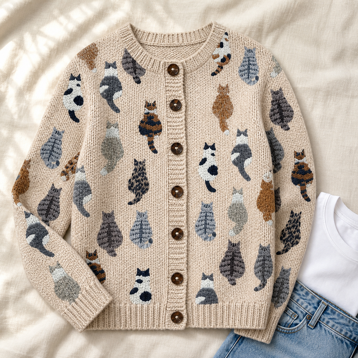 Beige Moxley feline motif cardigan styled flat lay