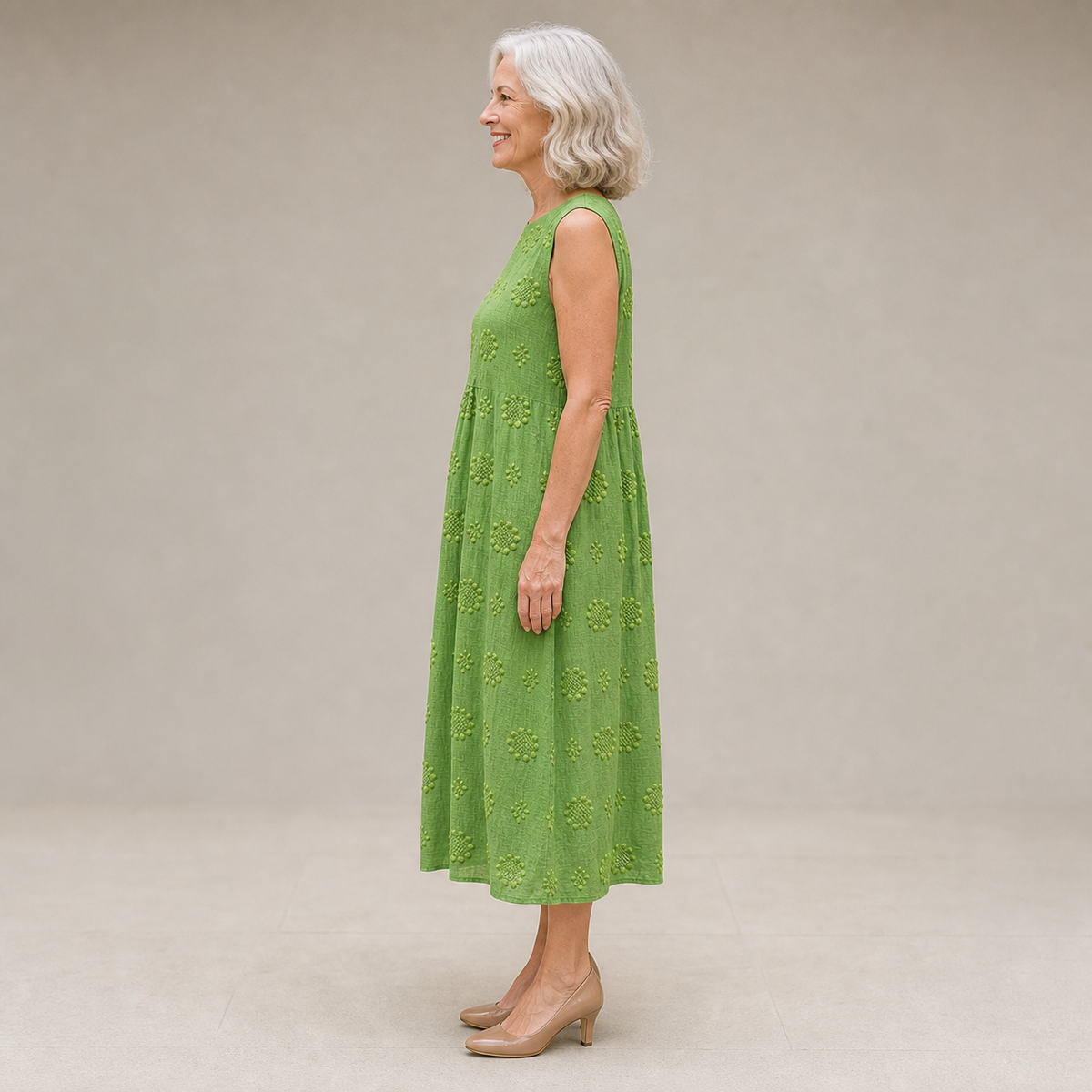 SARA — PATTERNED MIDI DRESS additional front-view styling and garment-detail image