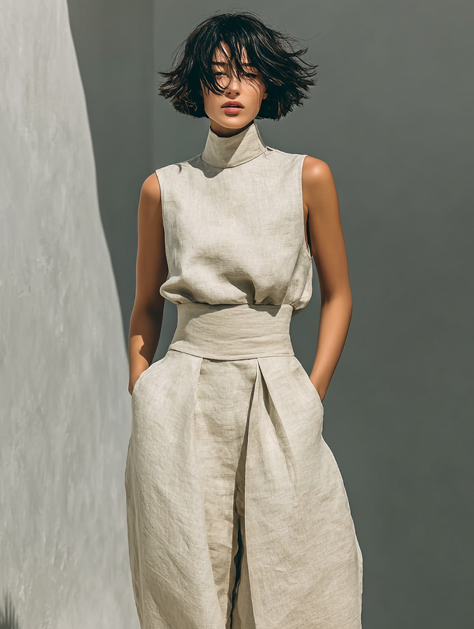 Maria | Elegant Linen And Cotton Blend Set With Tank top and Loose Trousers
