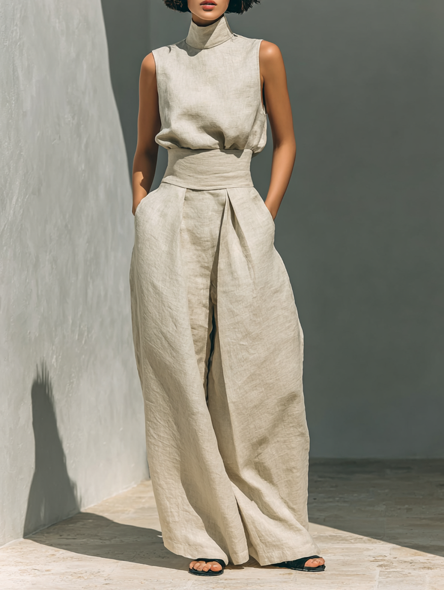 Maria | Elegant Linen And Cotton Blend Set With Tank top and Loose Trousers