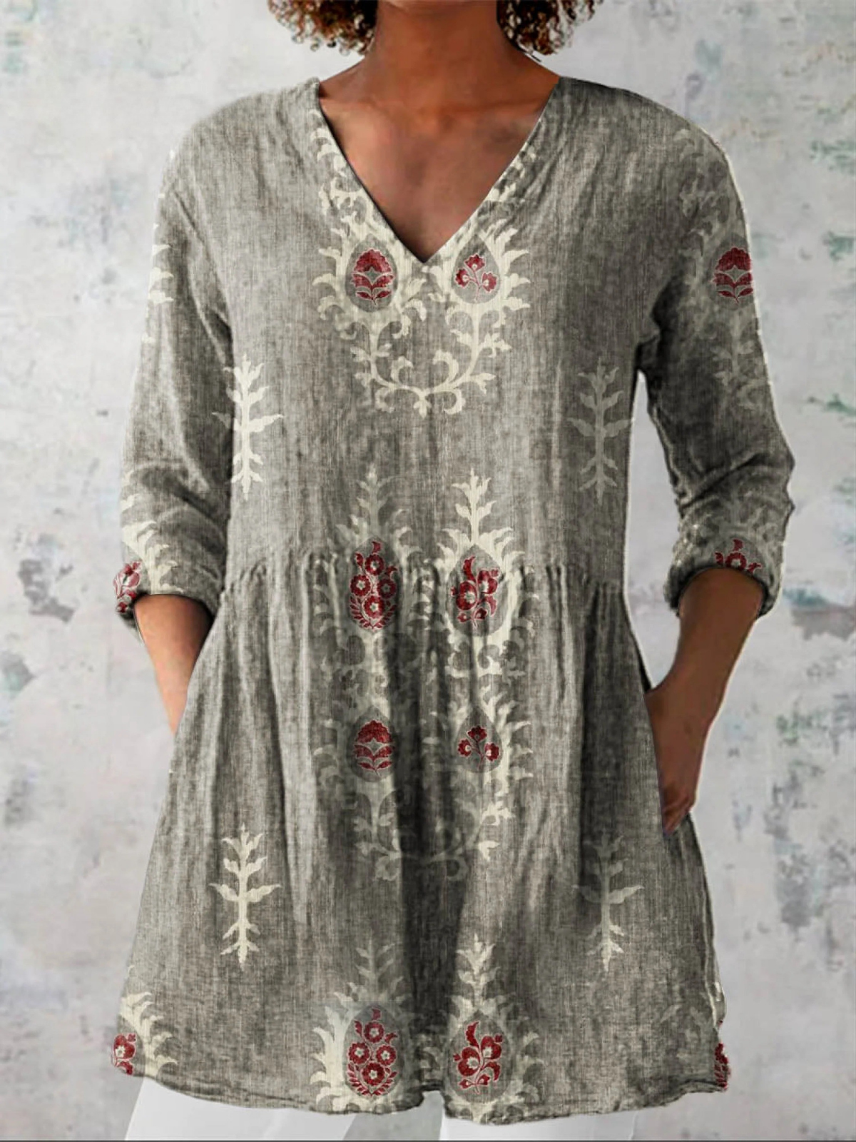 Elise | Long Blouse with V-Neck, Gray — supplier view 1
