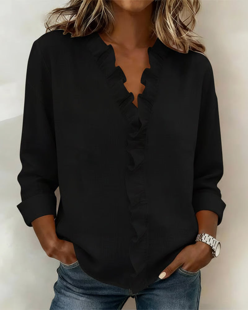 Alodie | Blouse with Ruffles V-Neck and Long Sleeves
