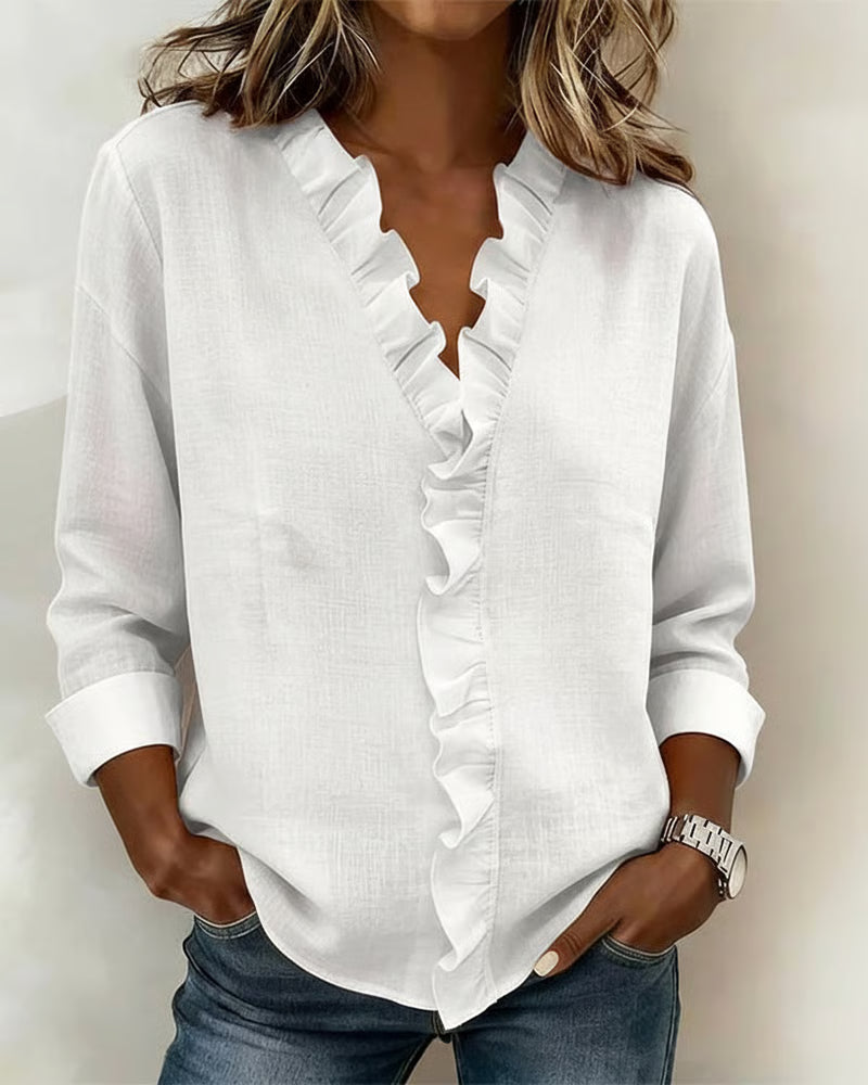 Alodie | Blouse with Ruffles V-Neck and Long Sleeves