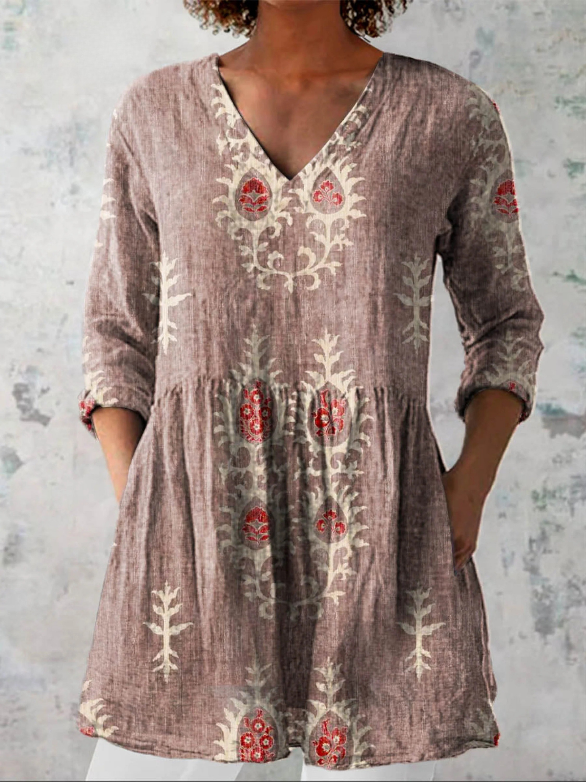 Elise | Long Blouse with V-Neck, Pink — supplier view 1