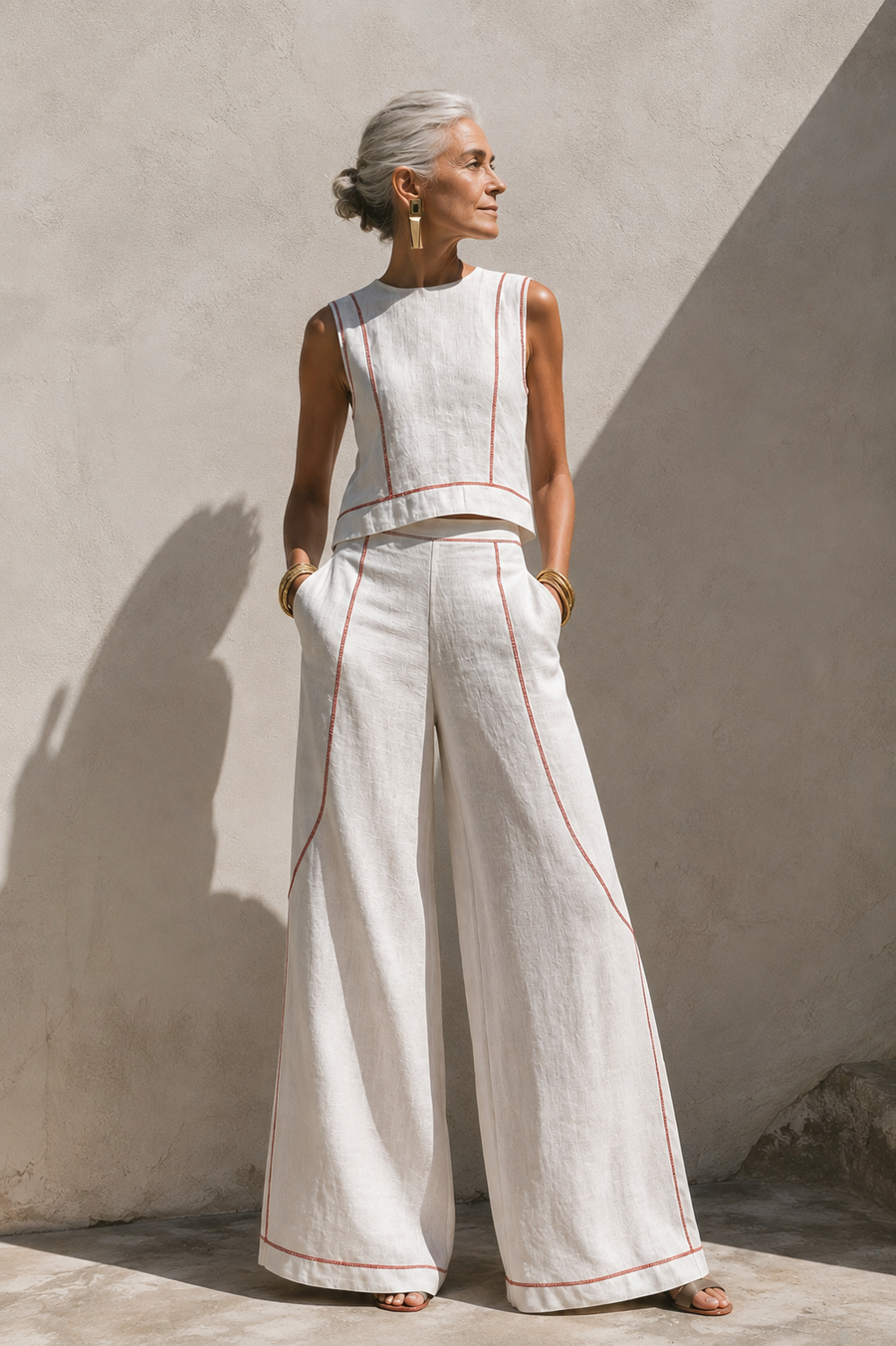 Elegant Contrast-Stitched Pants Set