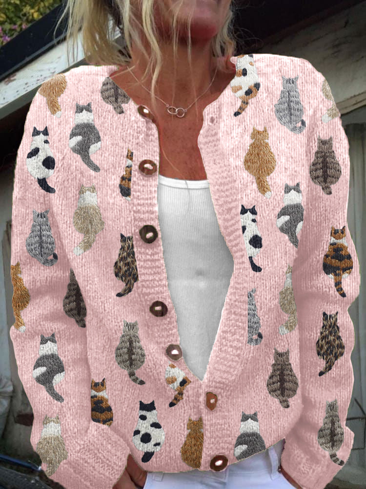 Pink Moxley feline motif knit cardigan