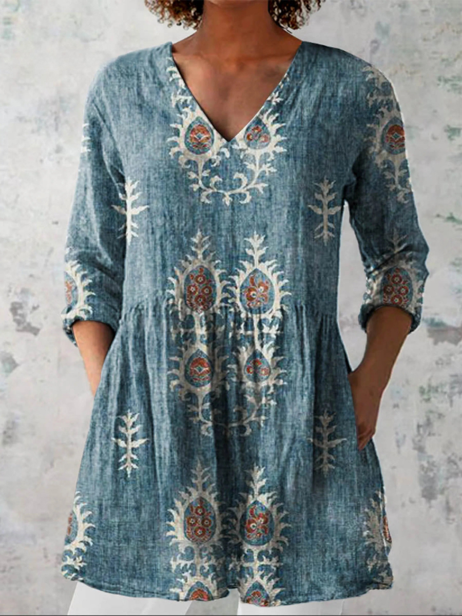Elise | Long Blouse with V-Neck, Blue — supplier view 1