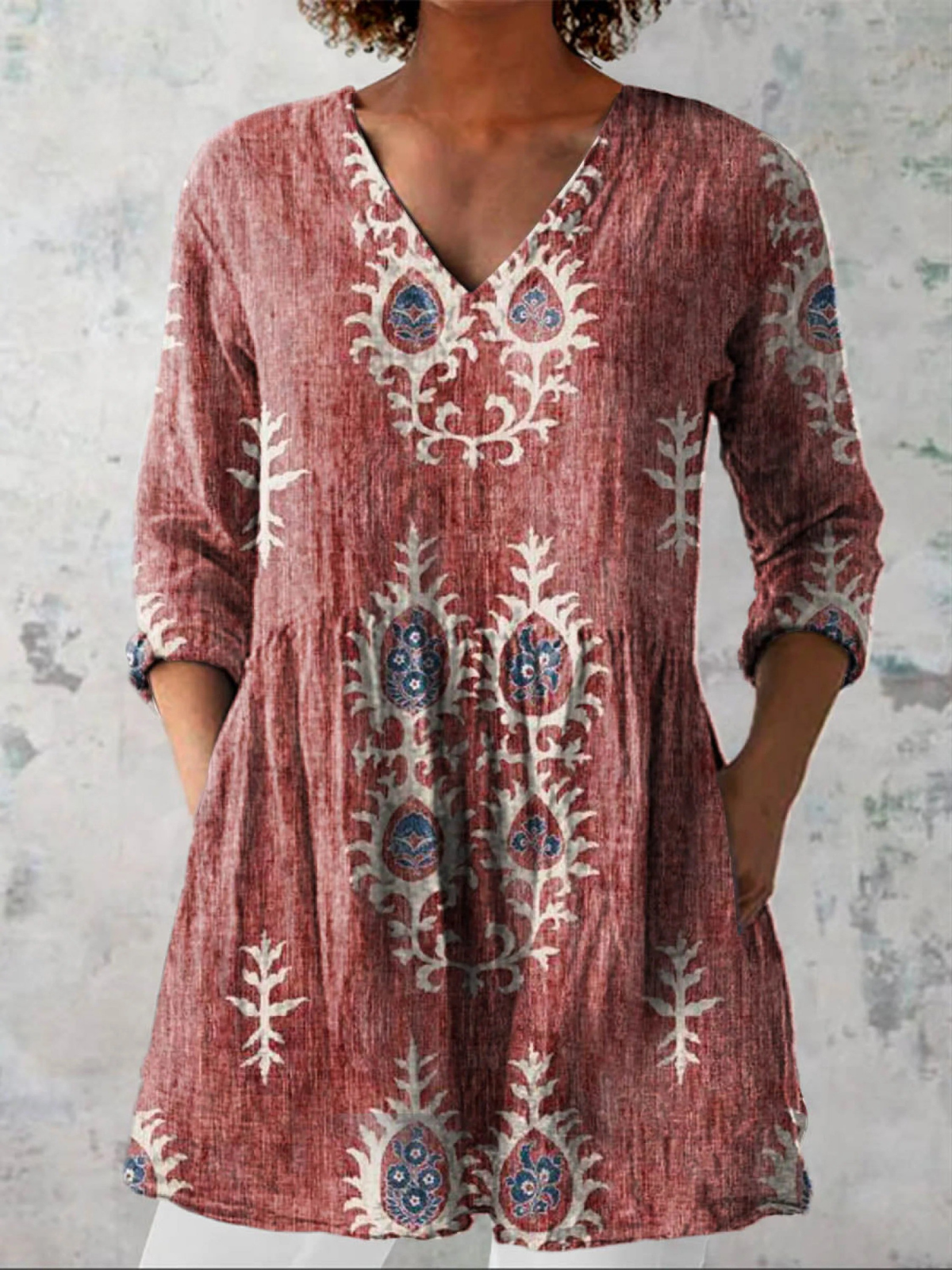 Elise | Long Blouse with V-Neck, Red — supplier view 1