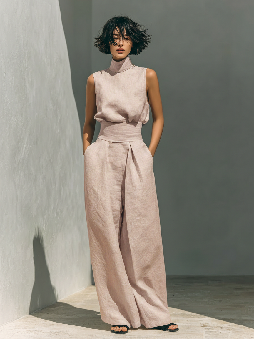 Maria | Elegant Linen And Cotton Blend Set With Tank top and Loose Trousers