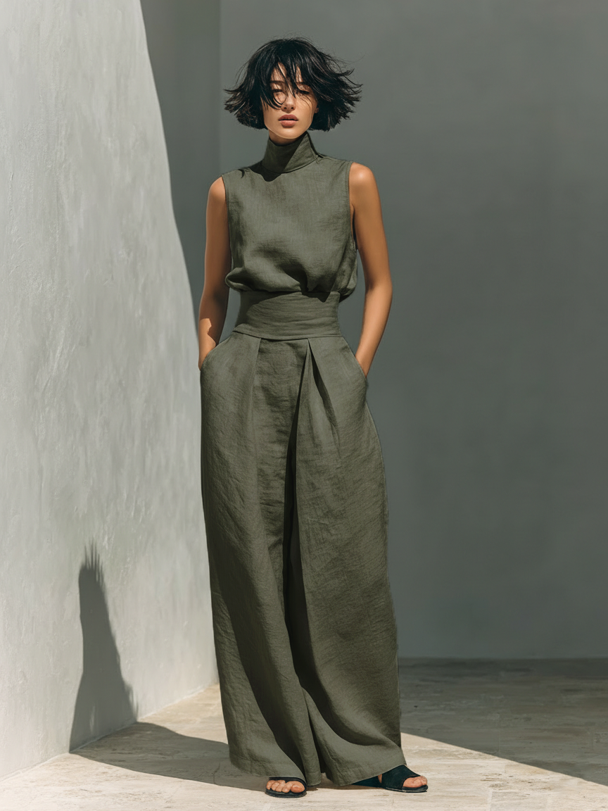 Maria | Elegant Linen And Cotton Blend Set With Tank top and Loose Trousers
