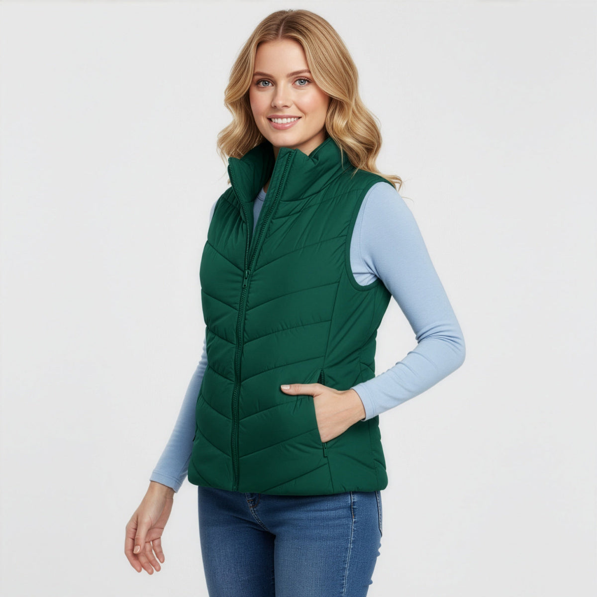 The Rowan | Quilted Gilet in Green — supplier reference side view