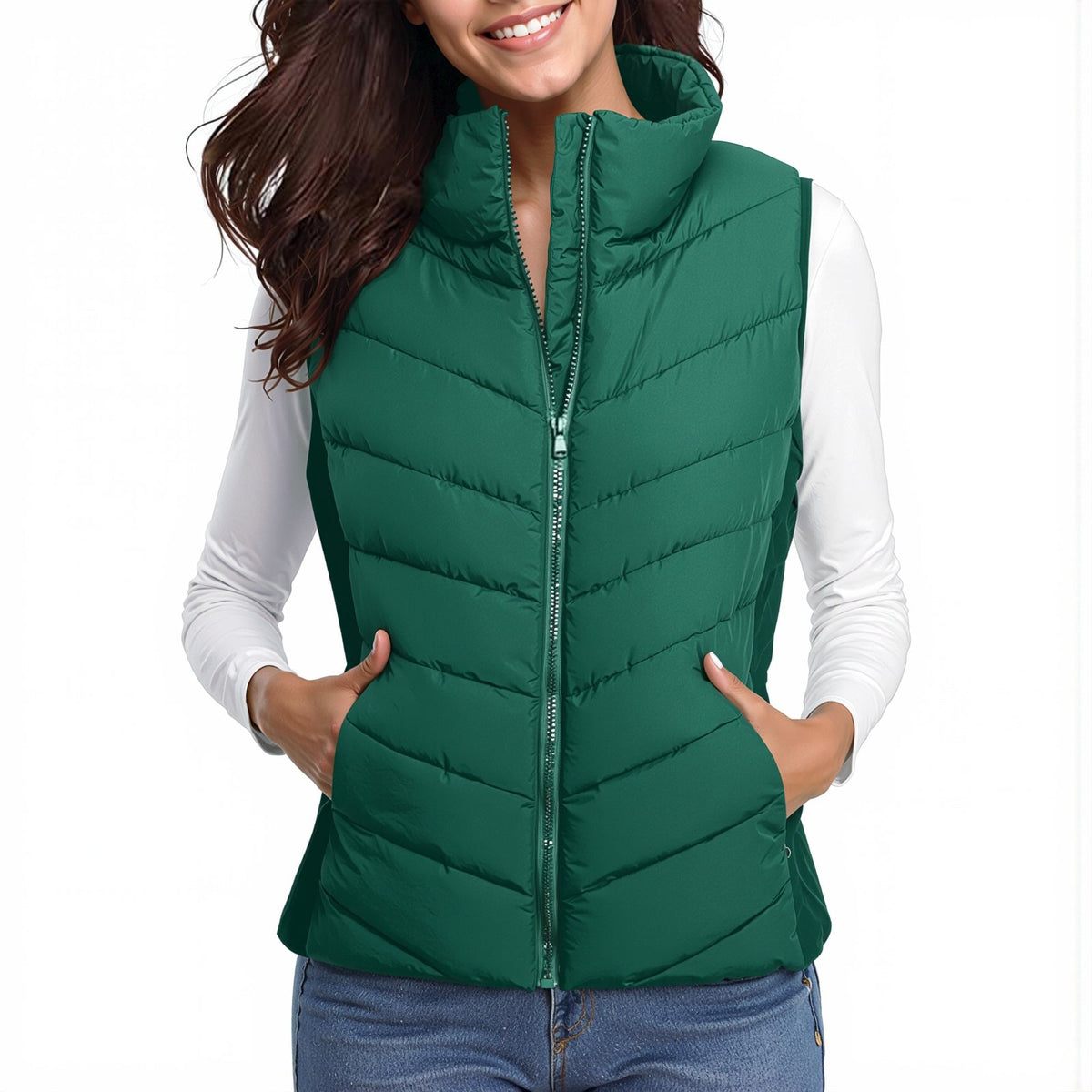 The Rowan | Quilted Gilet in Green — supplier reference close front view