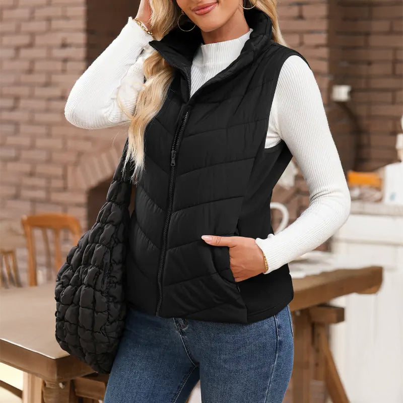 The Rowan | Quilted Gilet in Black — supplier reference three-quarter front view