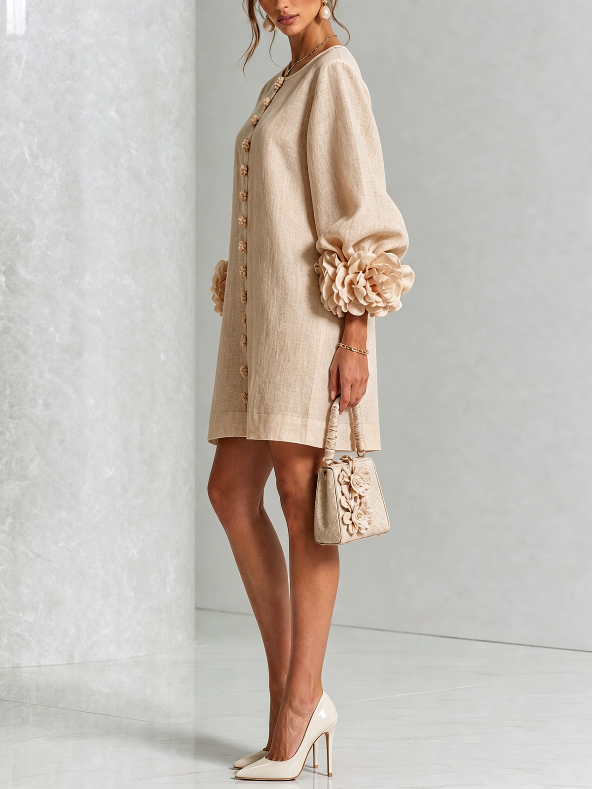 The Elowen | Floral-Cuff Mini Dress, Beige — supplier view 2