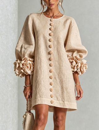 The Elowen | Floral-Cuff Mini Dress, Beige — supplier view 1