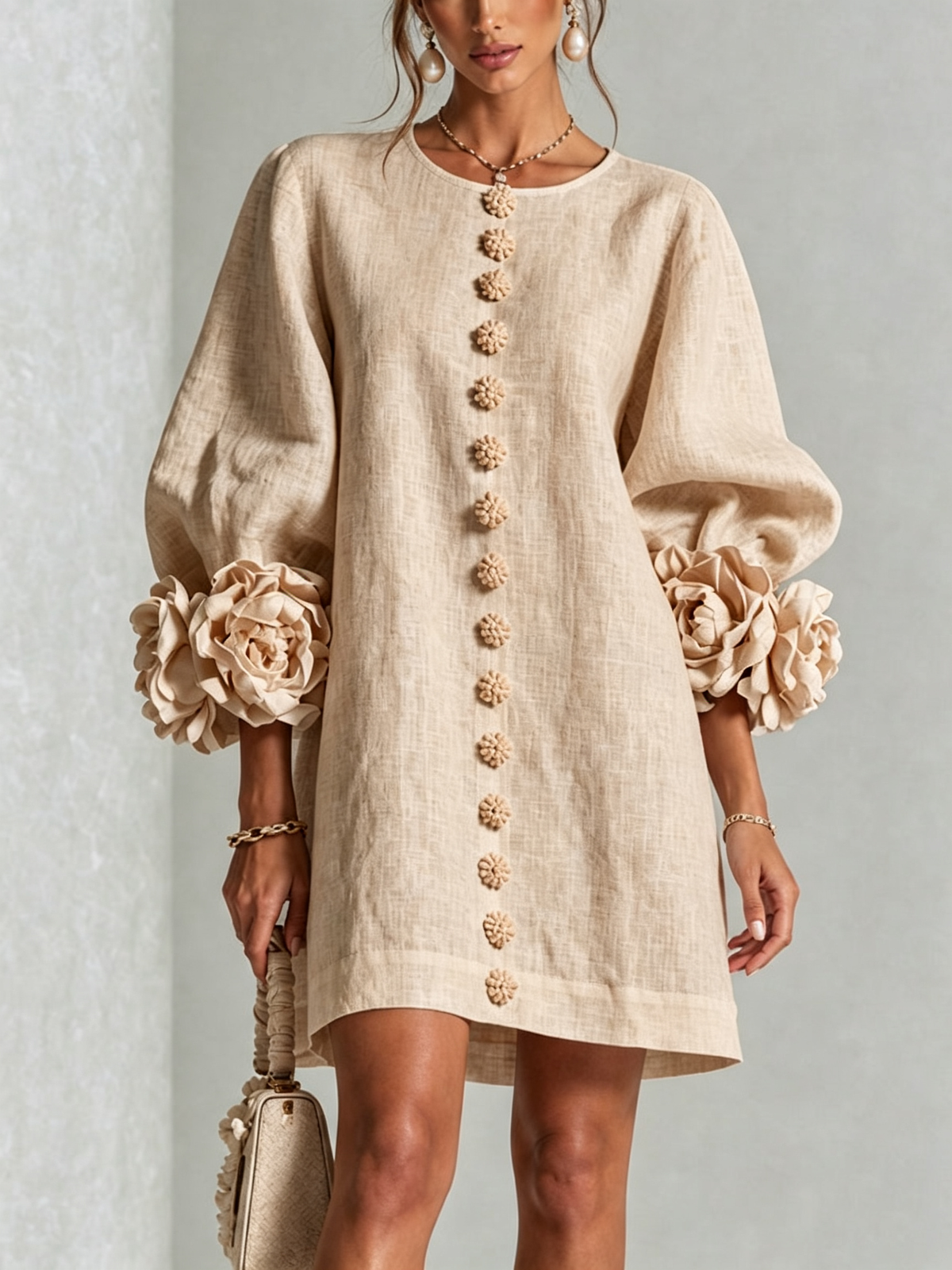 The Elowen | Floral-Cuff Mini Dress, Beige — supplier view 1