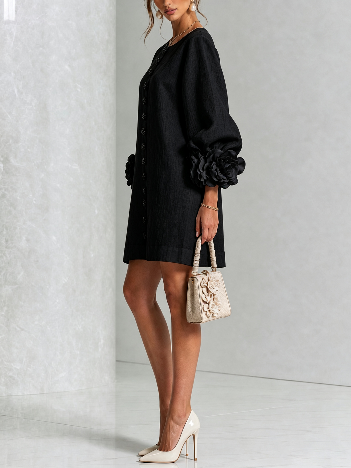 The Elowen | Floral-Cuff Mini Dress, Black — supplier view 2