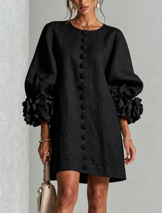 The Elowen | Floral-Cuff Mini Dress, Black — supplier view 1